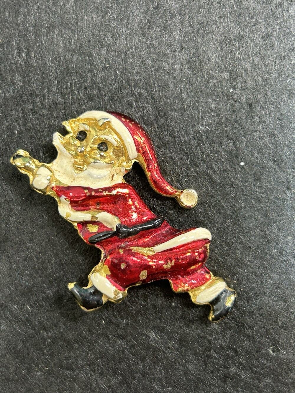 Vintage Santa Claus Brooch Red White Enamel Gold Tone Christmas Pin Mid Century